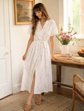 Vintage Pastel Floral Seersucker Duster Dress Button Front Belt Cottagecore